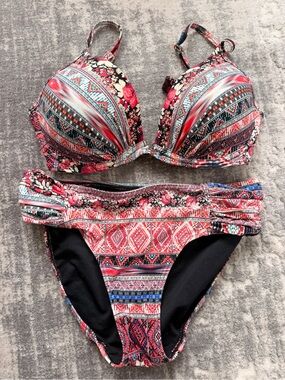 Floral Tribal Print Push-Up Bikini Set - Red